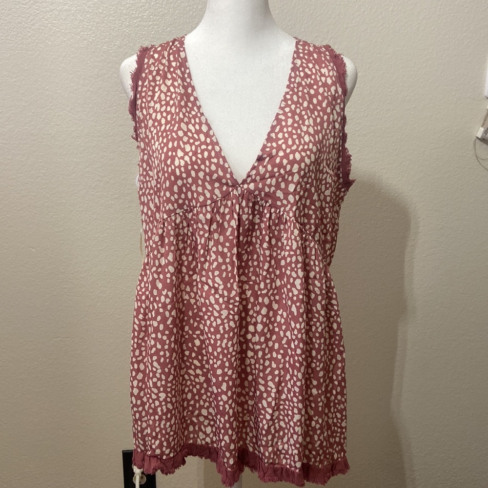 NWT Umgee Rose Animal Print V-Neck Sleeveless Back String Tie & Fringed Top - Picture 5 of 9